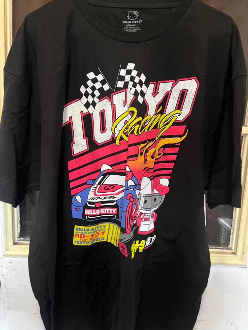 NWT Hello Kitty Black Tokyo Racing Graphic Tee with Pink & Yellow Accents